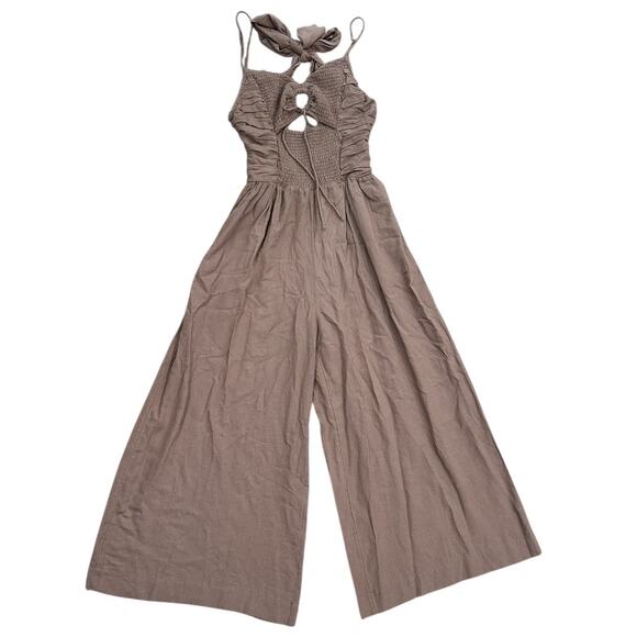 Free People Endless Summer Day Glow One Piece Smocked Cutout Jumpsuit In Pelican - Picture 2 of 8